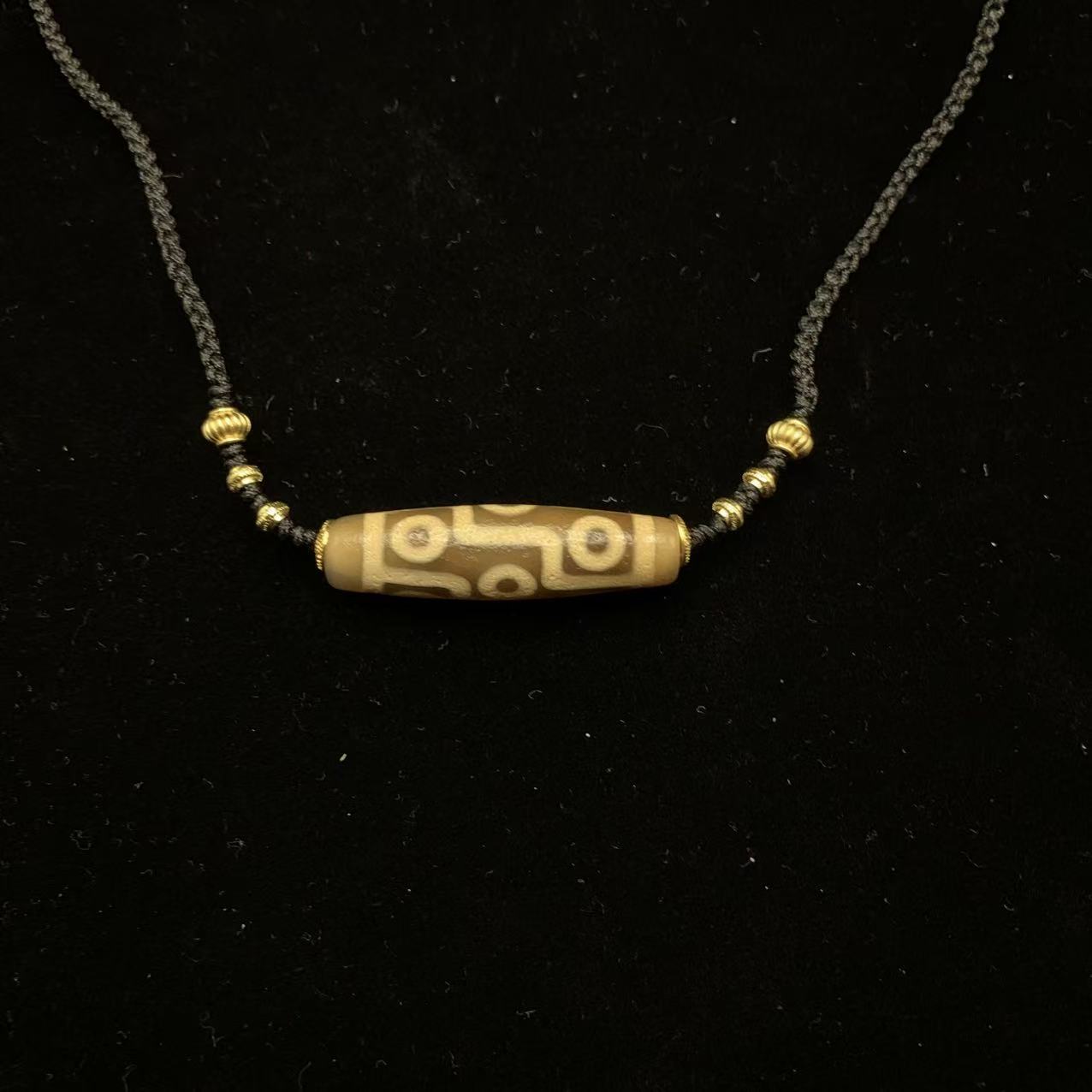 "The Sovereign Nine" Necklace - Ancient Nine-Eyed Dzi Bead with Black Agate & Signature Purple Enamel Badge - Image 3