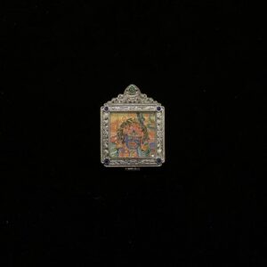 Six-Armed Mahakala Wrathful Pendant - 20mm Micro-Thangka with Vajra Protector Frame & Ruby Accent