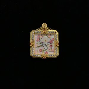 Elite Cherry Blossom Fox Spirit Pendant - Premium Hand-Painted Thangka with Jeweled Diamond-Cut Frame
