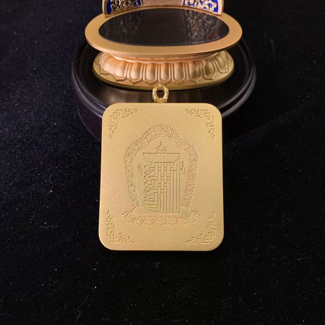 Manjushri on Lion Hand-painted Thangka Pendant & Mini Shrine - 24k Gold Wisdom Altar (4x5cm) - Image 3