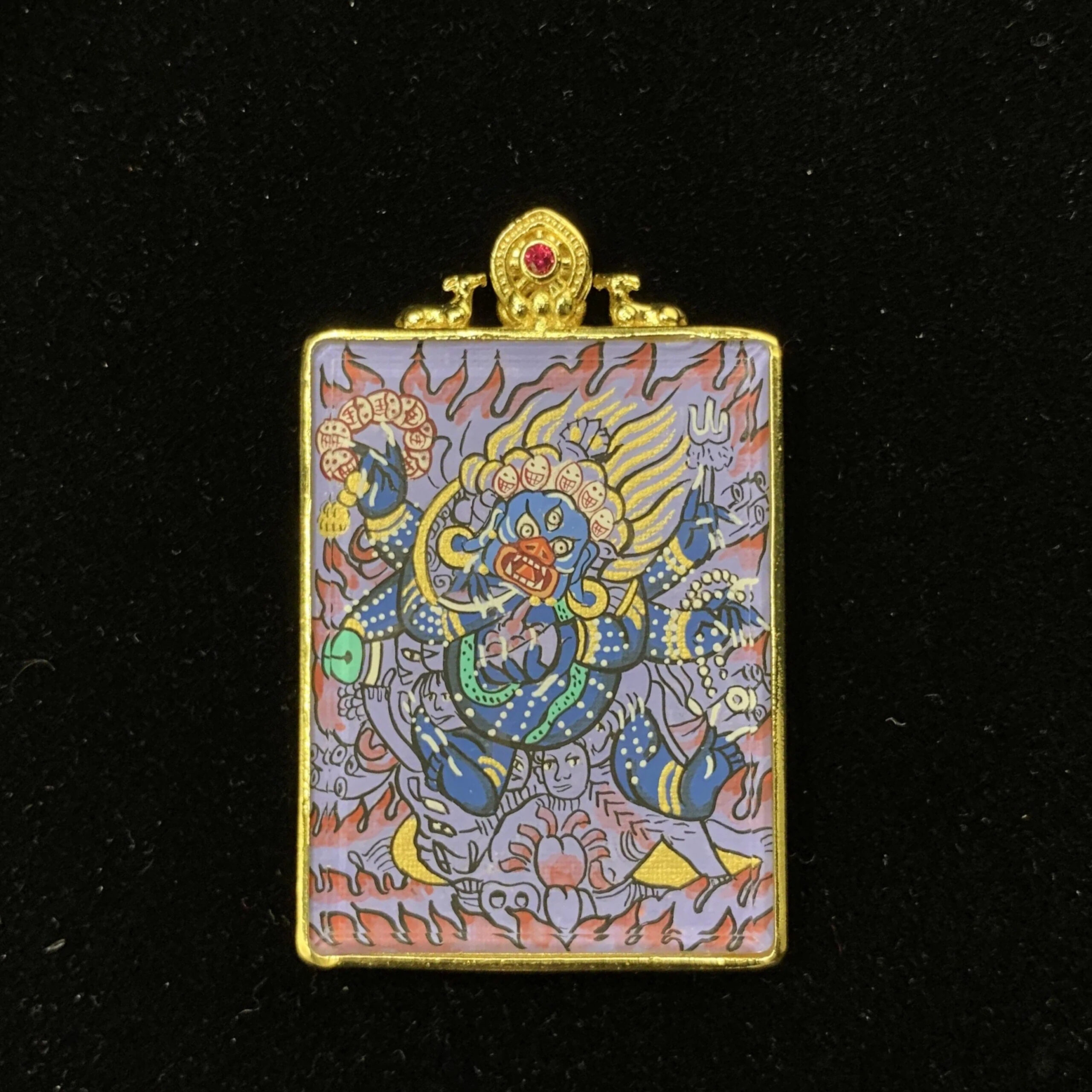 Purple Flame Six-Armed Mahakala Hand-painted Thangka Pendant - 24k Gold Wrathful Guardian (Jewelry Scale) - Image 2