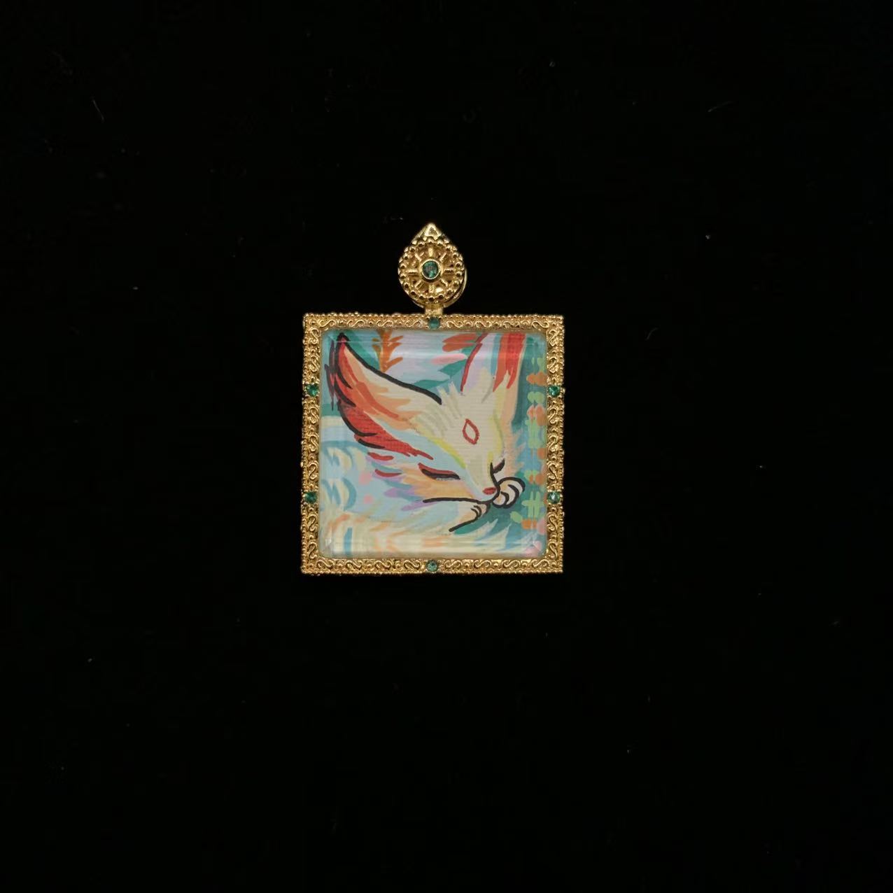 Mystical Fox Spirit Thangka Pendant - Hand-Painted "Divine Grace" Sacred Jewelry with Filigree Frame