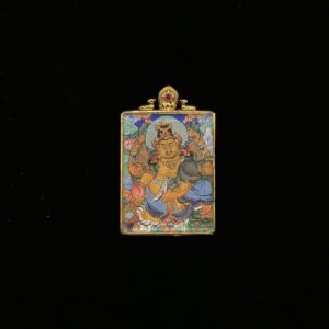 Imperial Shrine Yellow Jambhala Pendant - Large 3x4cm Hand-Painted Thangka with Sacred "Double Deer" Motif