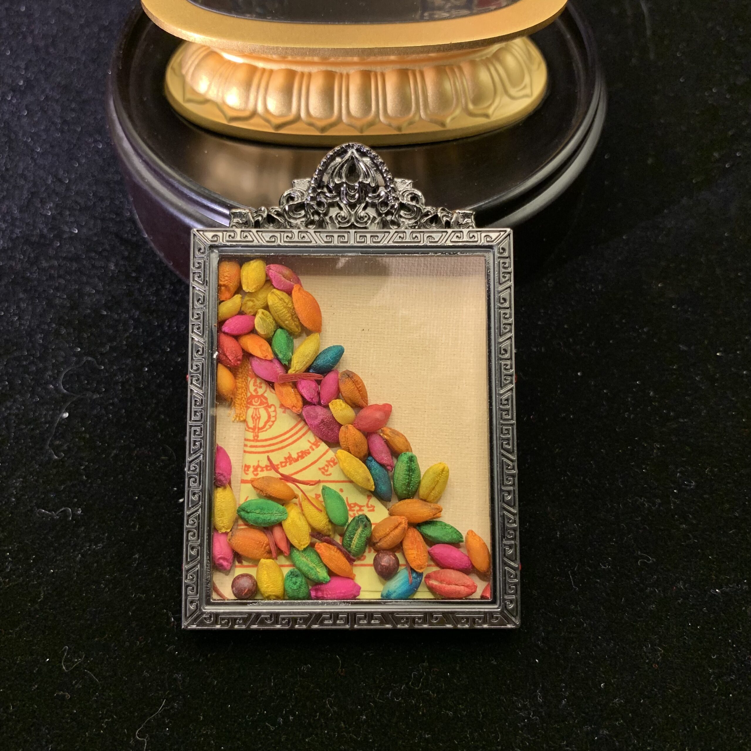 Black Jambhala on Purple Dragon Hand-painted Thangka Pendant & Mini Shrine - Image 3