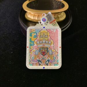 Dragon & Phoenix Silver Palden Lhamo Hand-painted Thangka Pendant & Mini Shrine - 24k Gold (4x5cm)