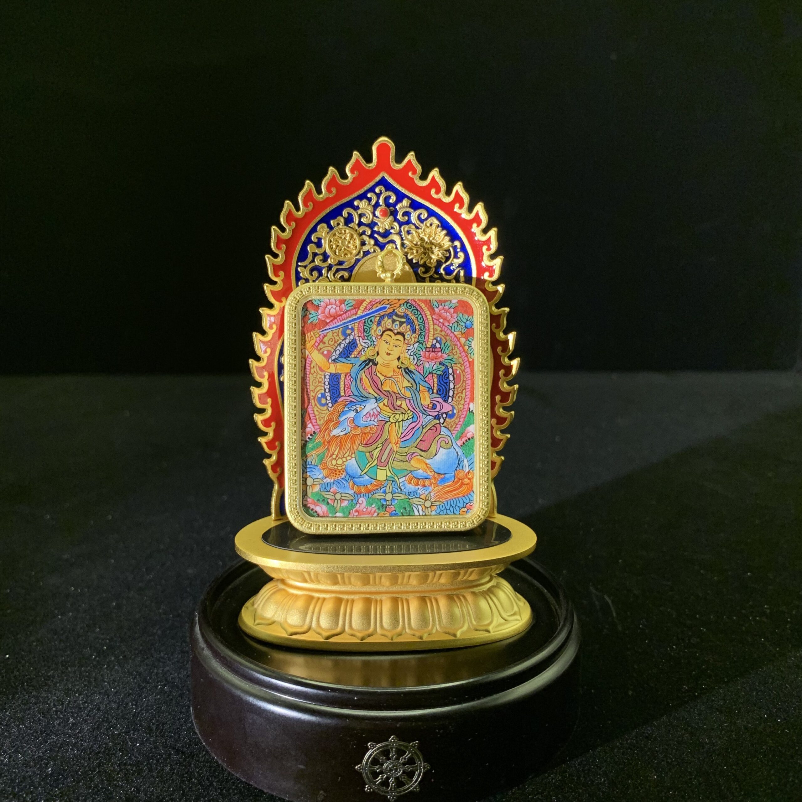 Manjushri on Lion Hand-painted Thangka Pendant & Mini Shrine - 24k Gold Wisdom Altar (4x5cm) - Image 2