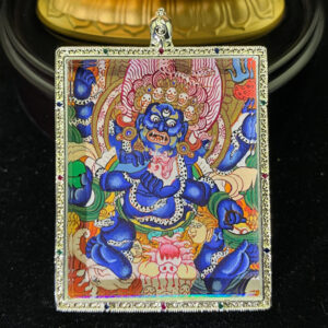 Authentic hand-painted Six-Armed Mahakala miniature Thangka shrine with 24k gold and mineral pigments for protection - Aethereast.