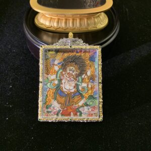 White Six-Armed Mahakala Hand-painted Thangka Pendant & Mini Shrine - 24k Gold Wealth Guardian (4x5cm)