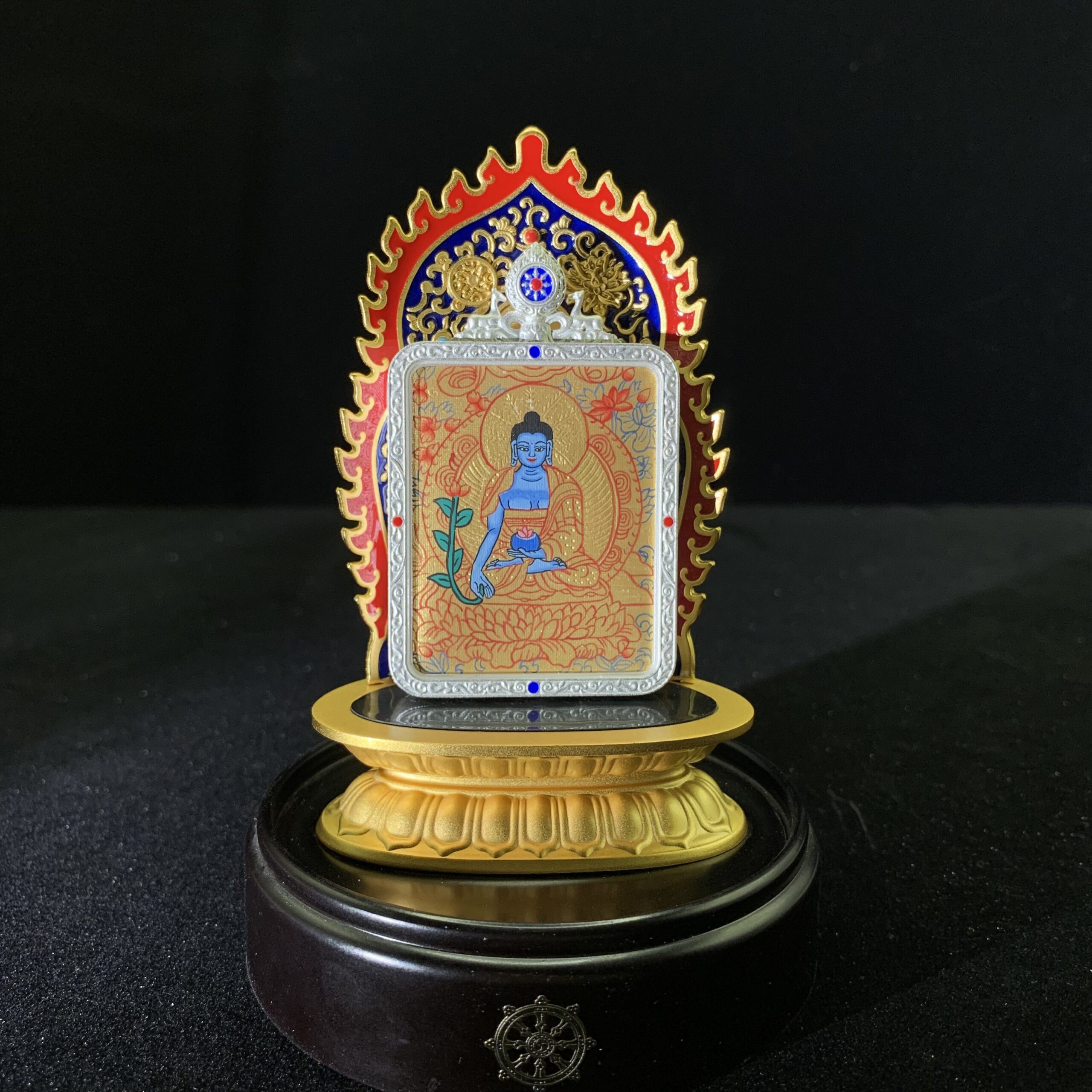 Medicine Buddha Gold Thangka Hand-painted Pendant & Mini Shrine - 24k Gold Healing Altar (4x5cm) - Image 2