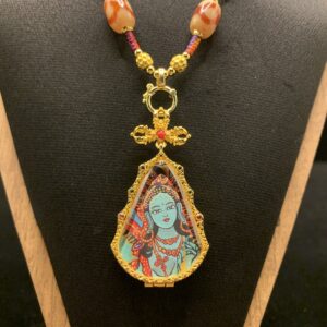 Sacred Green Tara Hand-painted Teardrop Pendant - 24k Gold Compassion Jewelry