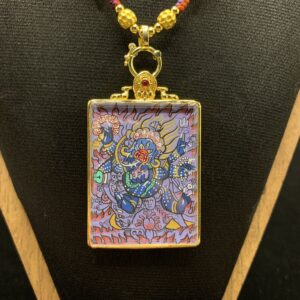 Purple Flame Six-Armed Mahakala Hand-painted Thangka Pendant - 24k Gold Wrathful Guardian (Jewelry Scale)