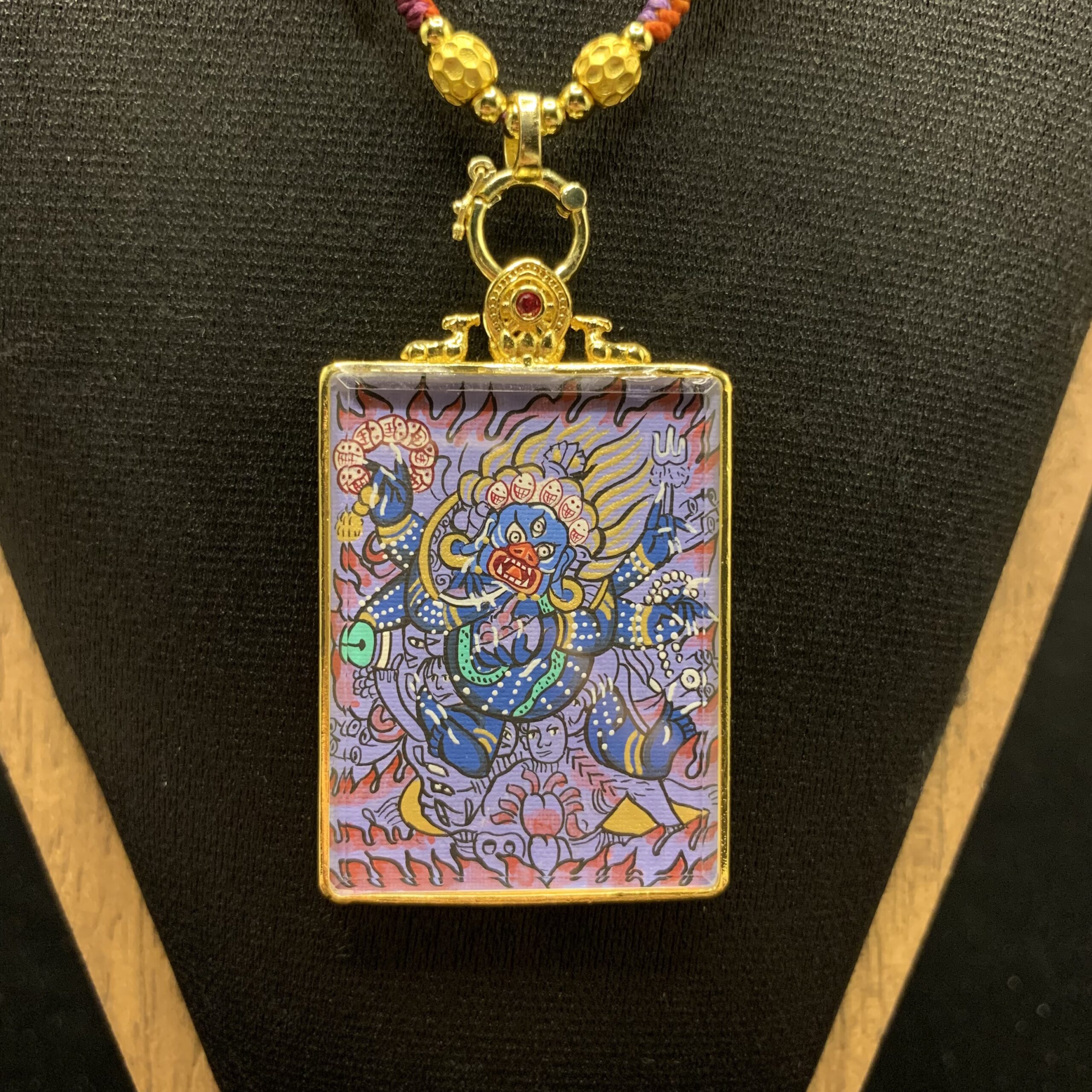 Purple Flame Six-Armed Mahakala Hand-painted Thangka Pendant - 24k Gold Wrathful Guardian (Jewelry Scale)