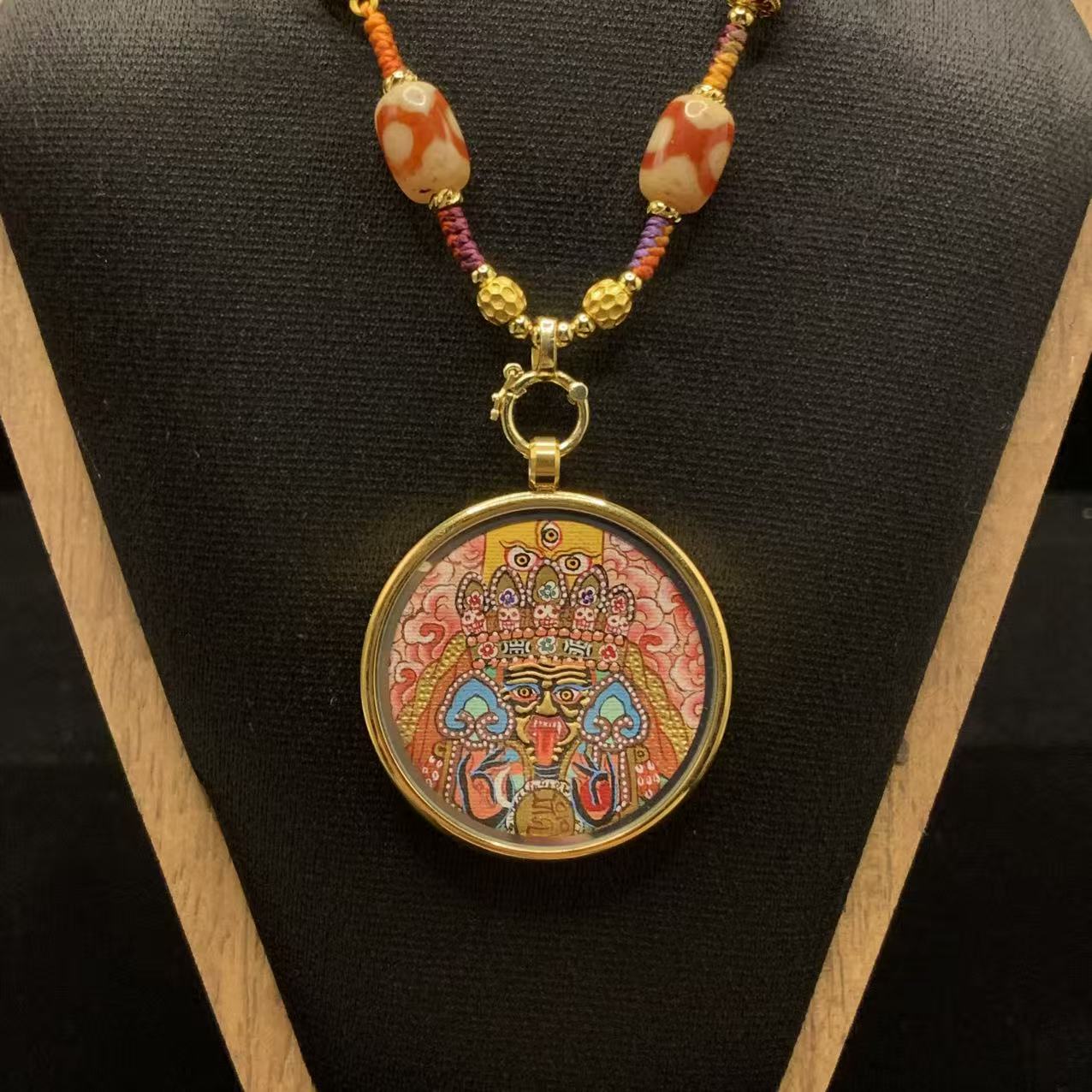 Pink Aura Lhalu Goddess Pendant - 35mm Hand-Painted Round Thangka with Sacred Five-Buddha Crown - Image 2