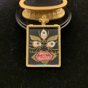 Hand-painted Black Jambhala Dharma Eye Thangka pendant and mini shrine with 24k gold and mineral pigments - Aethereast Wealth Collection.
