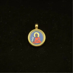 Medicine Buddha Healing Pendant - 15mm Micro-Thangka with Golden Frame & Ruby-Set Sacred Deer Bail