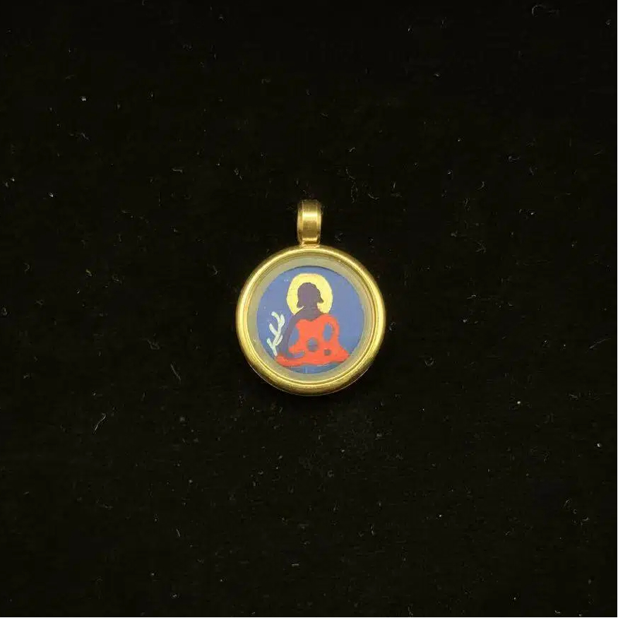 Medicine Buddha Healing Pendant - 15mm Micro-Thangka with Golden Frame & Ruby-Set Sacred Deer Bail