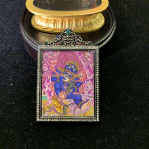 Black Jambhala on Purple Dragon Hand-painted Thangka Pendant & Mini Shrine