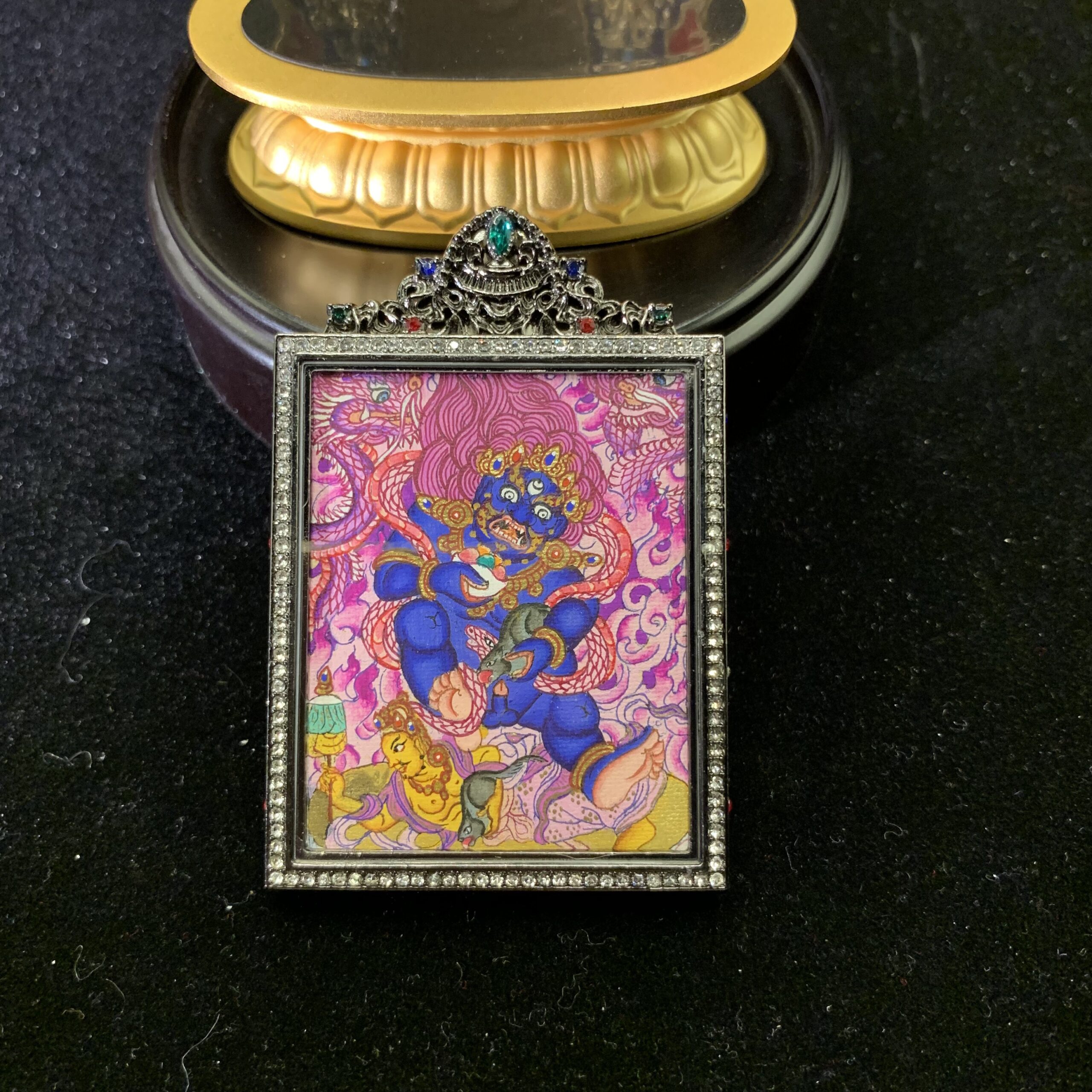 Black Jambhala on Purple Dragon Hand-painted Thangka Pendant & Mini Shrine