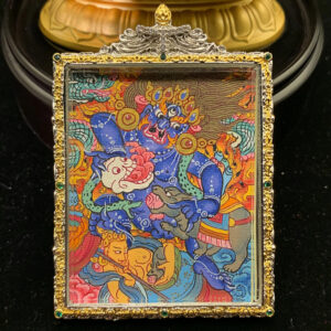 Black Jambhala on Green Dragon Hand-painted Thangka Pendant & Mini Shrine - 24k Gold