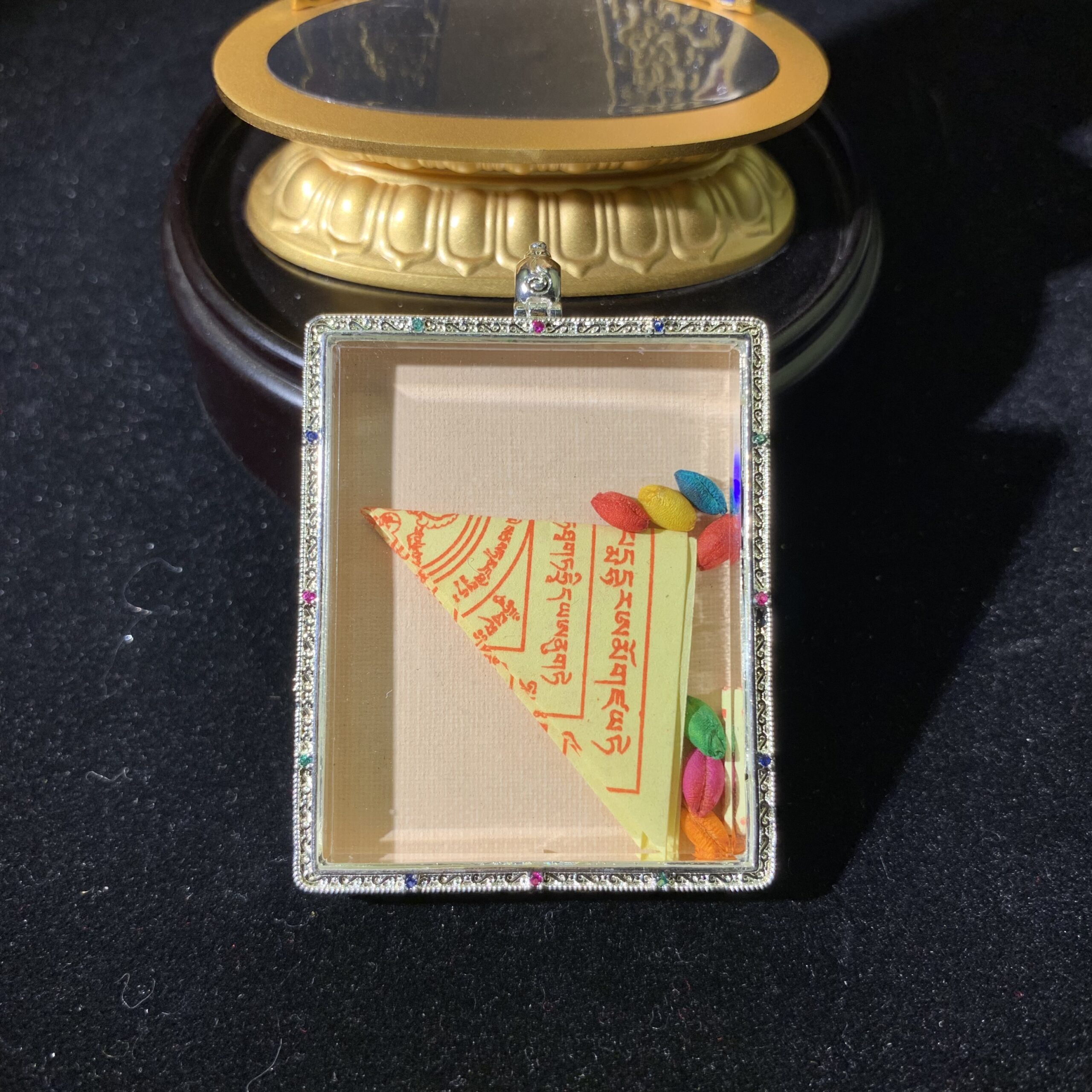 Six-Armed Mahakala Hand-painted Thangka Pendant - 24k Gold & Mineral Pigments (4x5cm) - Image 3