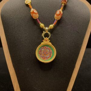 Sacred Green Mineral Sand Mandala Pendant - Hand-painted Cosmic Geometry (2.5cm Diameter)