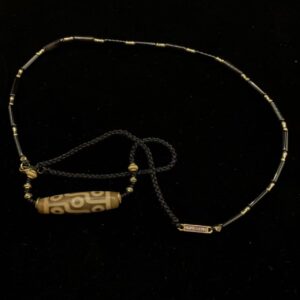 "The Sovereign Nine" Necklace - Ancient Nine-Eyed Dzi Bead with Black Agate & Signature Purple Enamel Badge