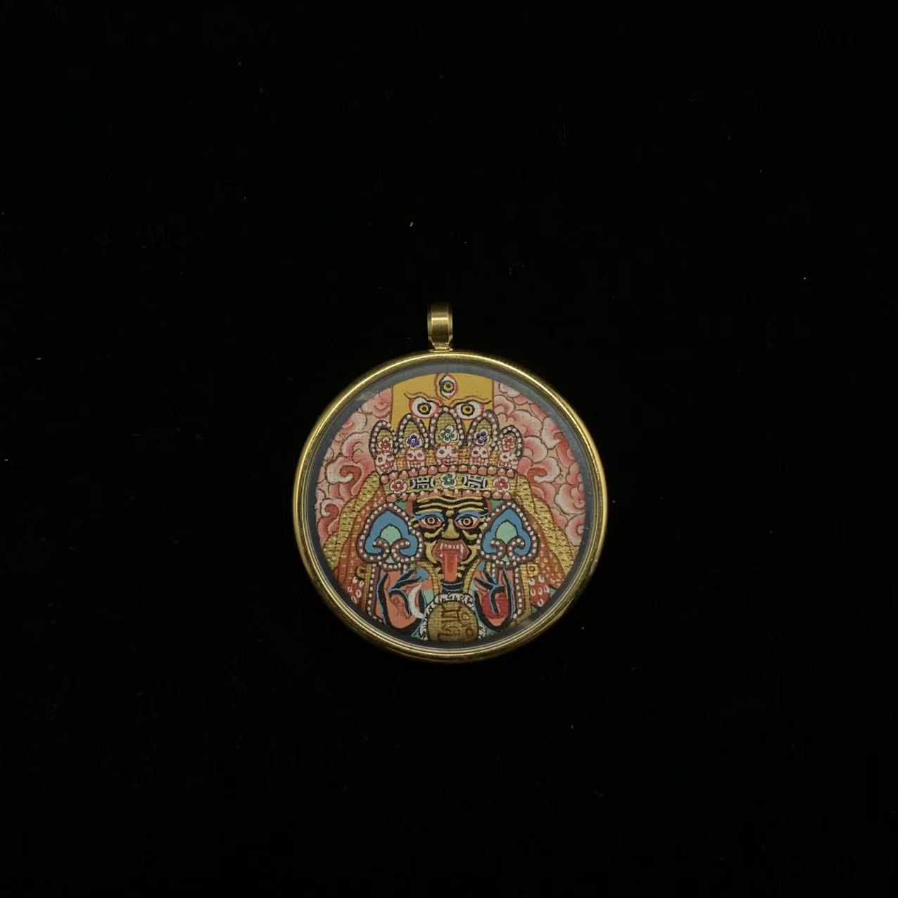 Pink Aura Lhalu Goddess Pendant - 35mm Hand-Painted Round Thangka with Sacred Five-Buddha Crown