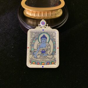 Manjushri on Lion Hand-painted Thangka Pendant & Mini Shrine - 24k Gold Wisdom Altar (4x5cm)