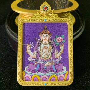 Four-Armed Avalokiteshvara Hand-painted Miniature Thangka Shrine: The Source of Infinite Compassion