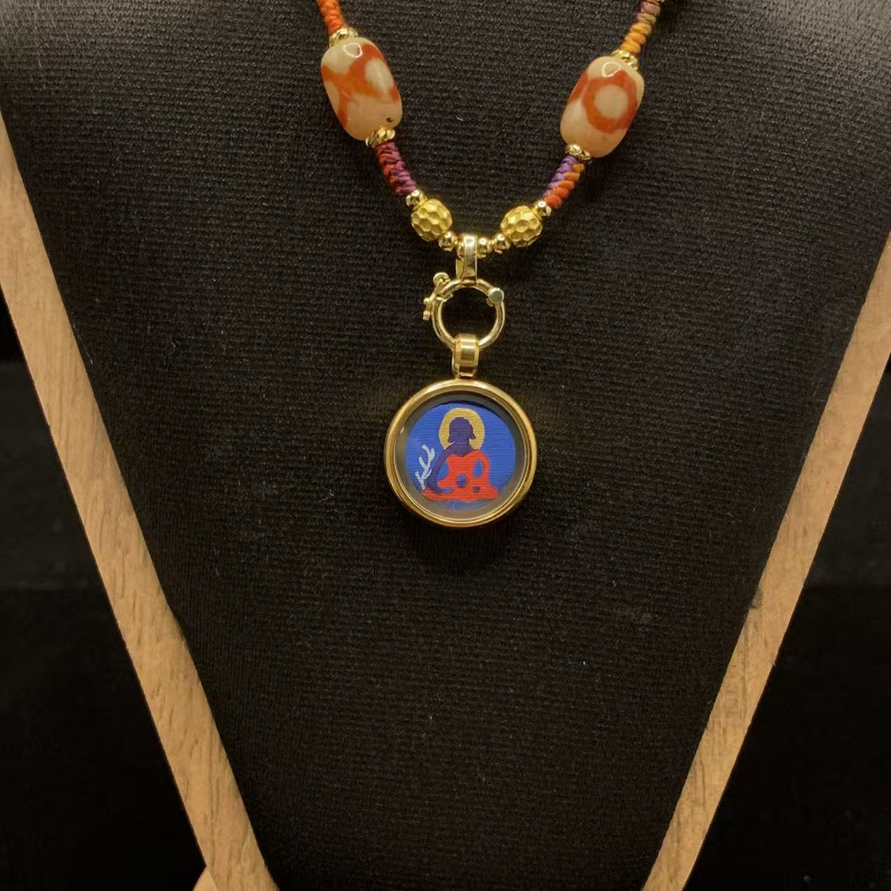 Medicine Buddha Healing Pendant - 15mm Micro-Thangka with Golden Frame & Ruby-Set Sacred Deer Bail - Image 2