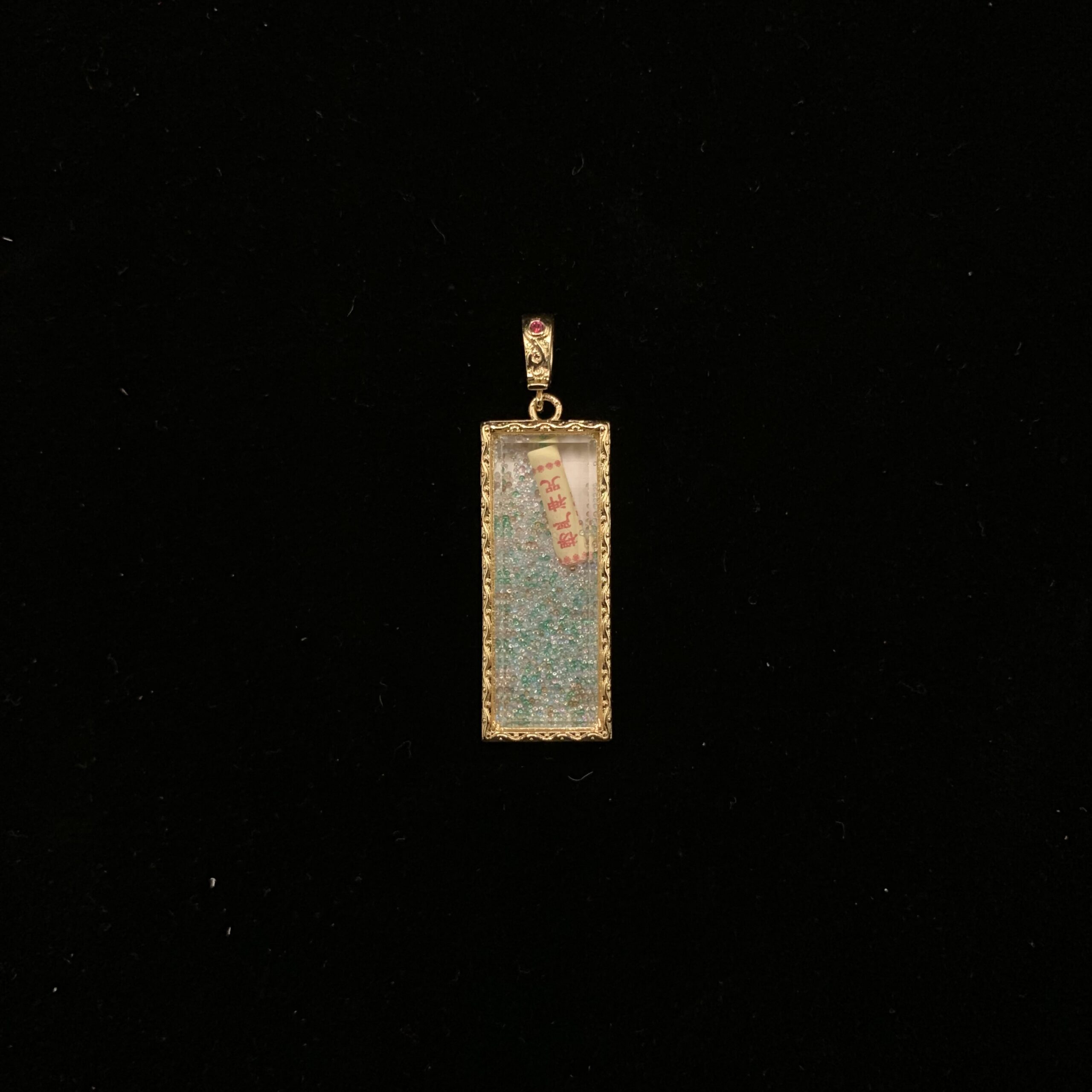 Medicine Buddha Mantra Healing Pendant - 10x30mm Spiritual Script with Azure Crystal Sands & Ruby Bail - Image 3