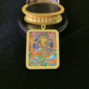Manjushri on Lion Hand-painted Thangka Pendant & Mini Shrine - 24k Gold Wisdom Altar (4x5cm)