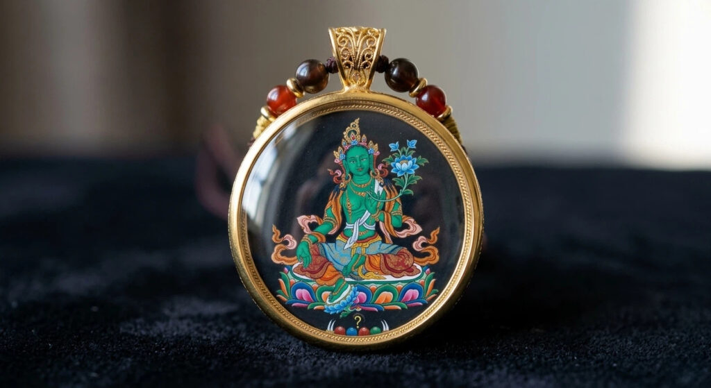 Hand-painted Green Tara micro-thangka pendant from Aethereast.