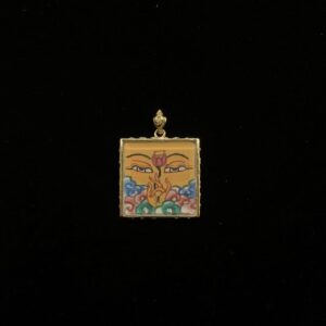 Manjushri's Eyes of Wisdom Pendant - 2x2cm Hand-Painted Square Thangka with Red Lotus & Sacred Clouds