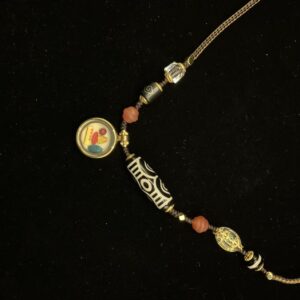 "Divine Vision" Necklace - Yellow Jambhala Law Eye Pendant with Sacred Dzi Bead & Red Agate Mala