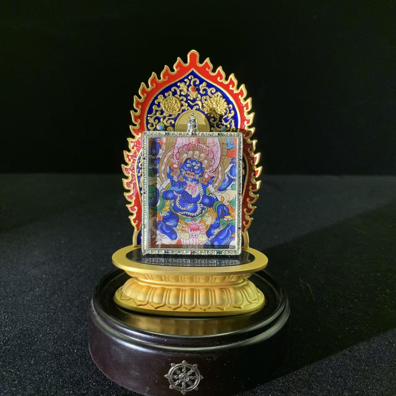 Six-Armed Mahakala Hand-painted Thangka Pendant - 24k Gold & Mineral Pigments (4x5cm) - Image 2