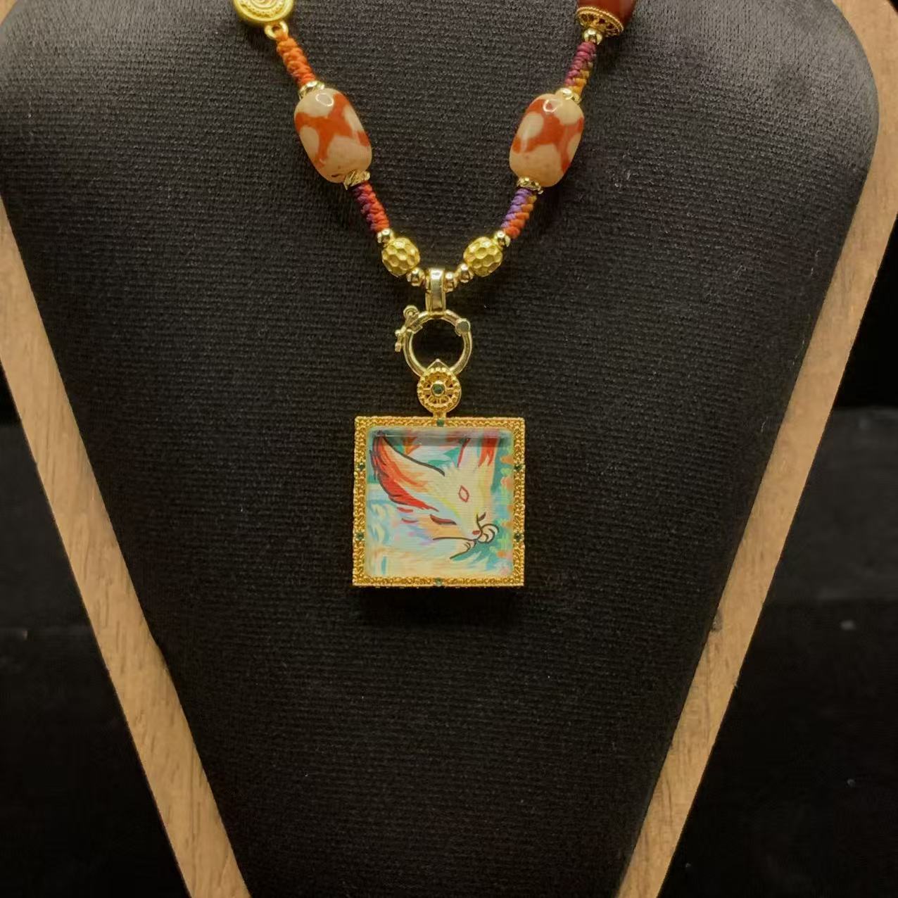 Mystical Fox Spirit Thangka Pendant - Hand-Painted "Divine Grace" Sacred Jewelry with Filigree Frame - Image 2