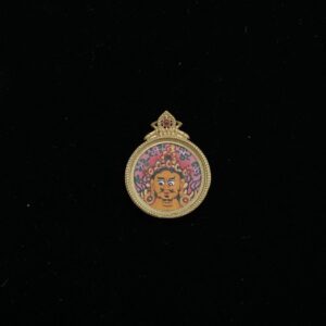 Yellow Jambhala "Pink Petal" Pendant - 20mm Round Micro-Thangka with Ruby-Inset Jeweled Flame Frame
