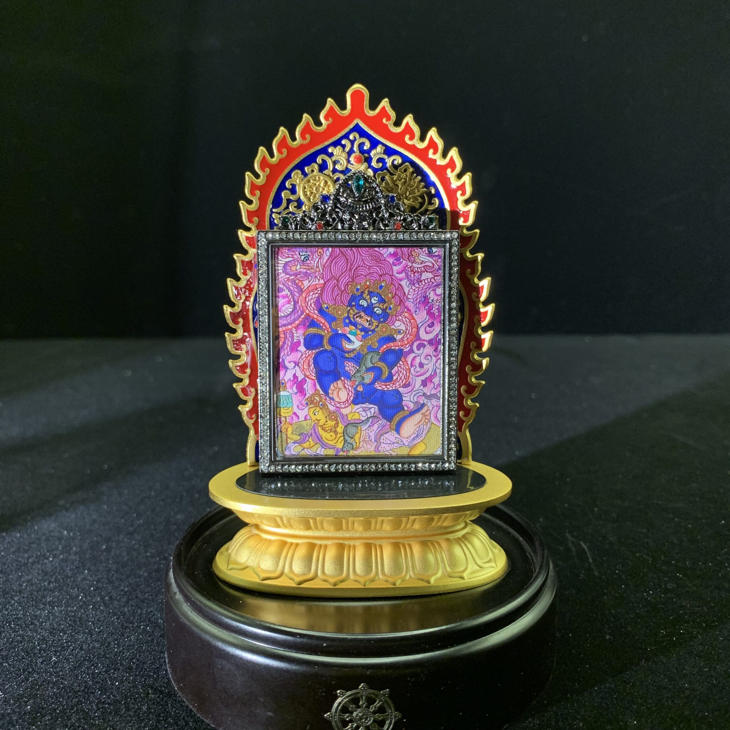 Black Jambhala on Purple Dragon Hand-painted Thangka Pendant & Mini Shrine - Image 2
