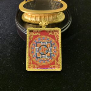 Hand-painted Sacred Red Mandala Thangka pendant and mini shrine with 24k gold leaf and mineral pigments - Aethereast Wisdom Collection.