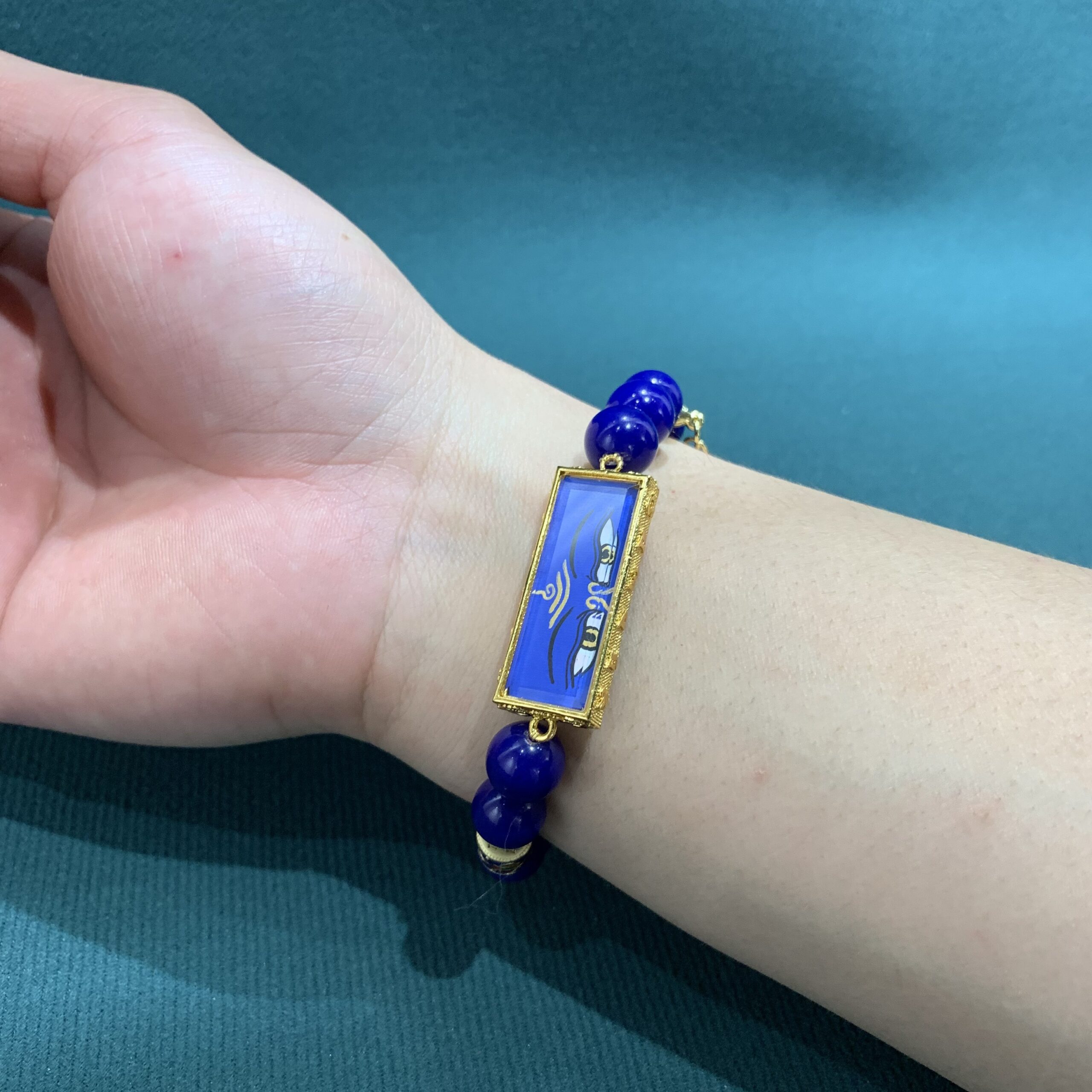 Medicine Buddha "Dharma Eye" Healing Bracelet - Deep Blue Lapis Glass beads & Hand-painted Sacred Art - Image 3