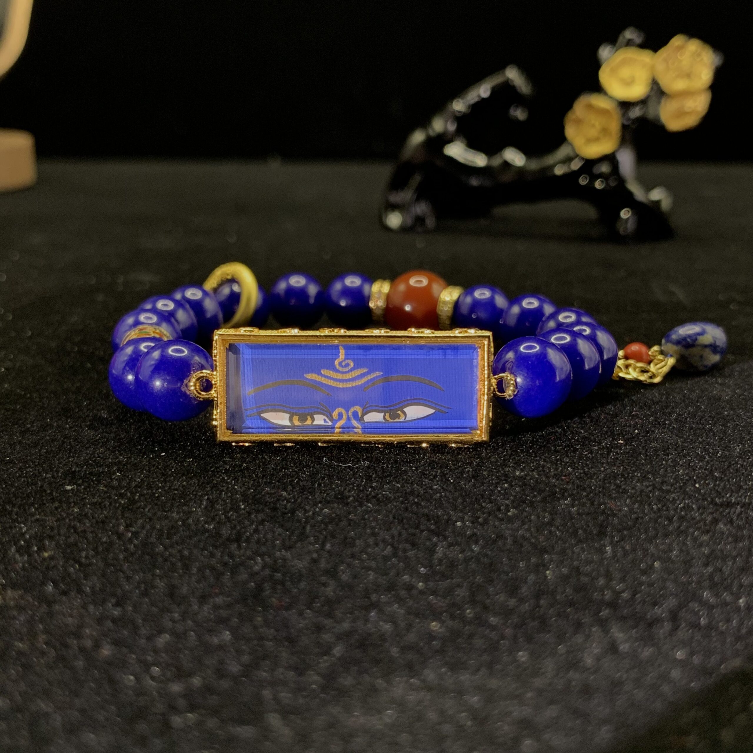 Medicine Buddha "Dharma Eye" Healing Bracelet - Deep Blue Lapis Glass beads & Hand-painted Sacred Art